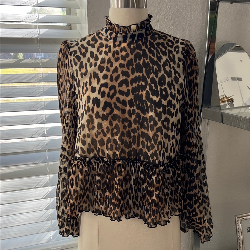 Ganni Leopard Print Ruffle Top